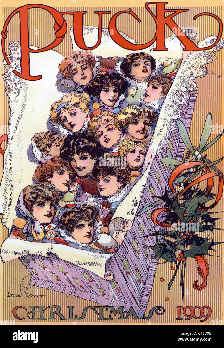 Berechtigt: "Puck Weihnachten 1909" Farblitho zeigt eine Weihnachts-Geschenkbox gefüllt mit schönen weiblichen Gesichtern. Puck war Amerikas erste erfolgreiche Humor-Magazin bunte Cartoons, Karikaturen und politische Satire auf die Themen des Tages. Es war Stockfoto