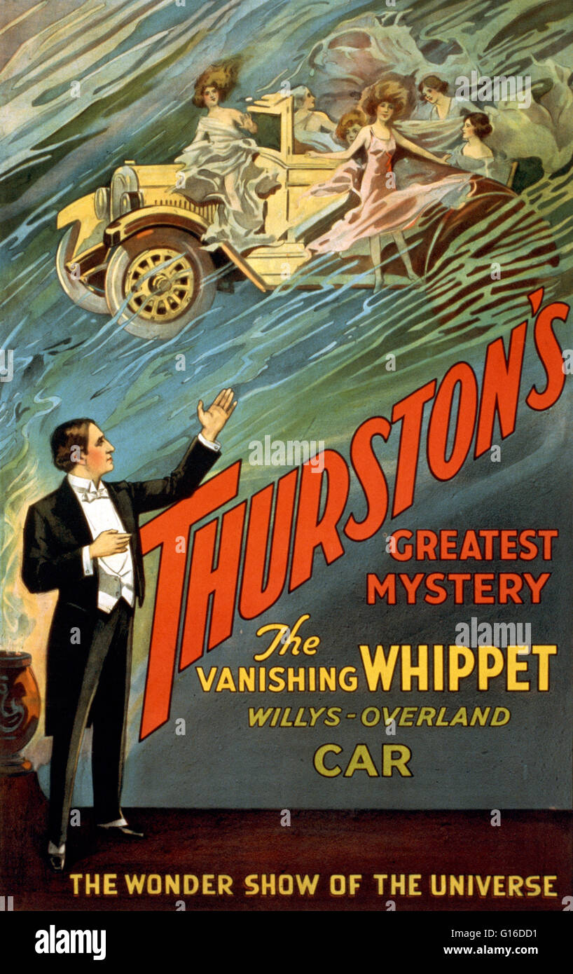 Unter dem Titel: "Thurstons größte Mysterium der verschwindenden Whippet Willys-Overland-Auto: die Wunder-Show des Universums" Lithographie Plakat, 1914. Howard Thurston (20. Juli 1869 - 13. April 1936) war ein amerikanischer Stadium Magier. Seine Kindheit war unglücklich und He R Stockfoto