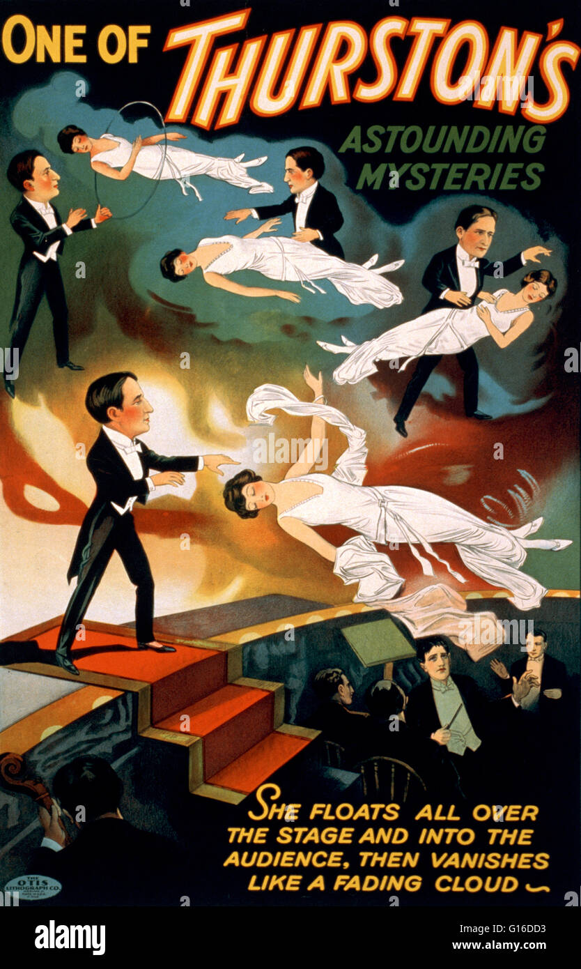 Unter dem Titel: "Eine erstaunliche Geheimnisse des Thurston" Lithographie Plakat erstellt von der Firma Otis-Lithographie, 1935. Magic hat eine lange Geschichte mit dem Teufel und den dunklen Künsten verbunden. Die Explosion der teuflischen Werbung fand statt, wenn Könige Stockfoto