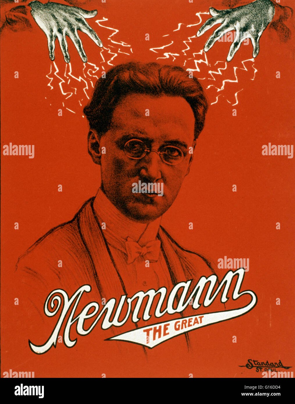 Berechtigt: "Der große Newmann" Lithographie Plakat, 1930. Charles Andrew George Newmann (28. November 1880 - 29. Dezember 1952) war ein US-amerikanischer Mentalist Hypnotist und Pionier. Er entstand während der Pionier, Tage, an denen indische Aufstände, Banküberfälle und hig Stockfoto