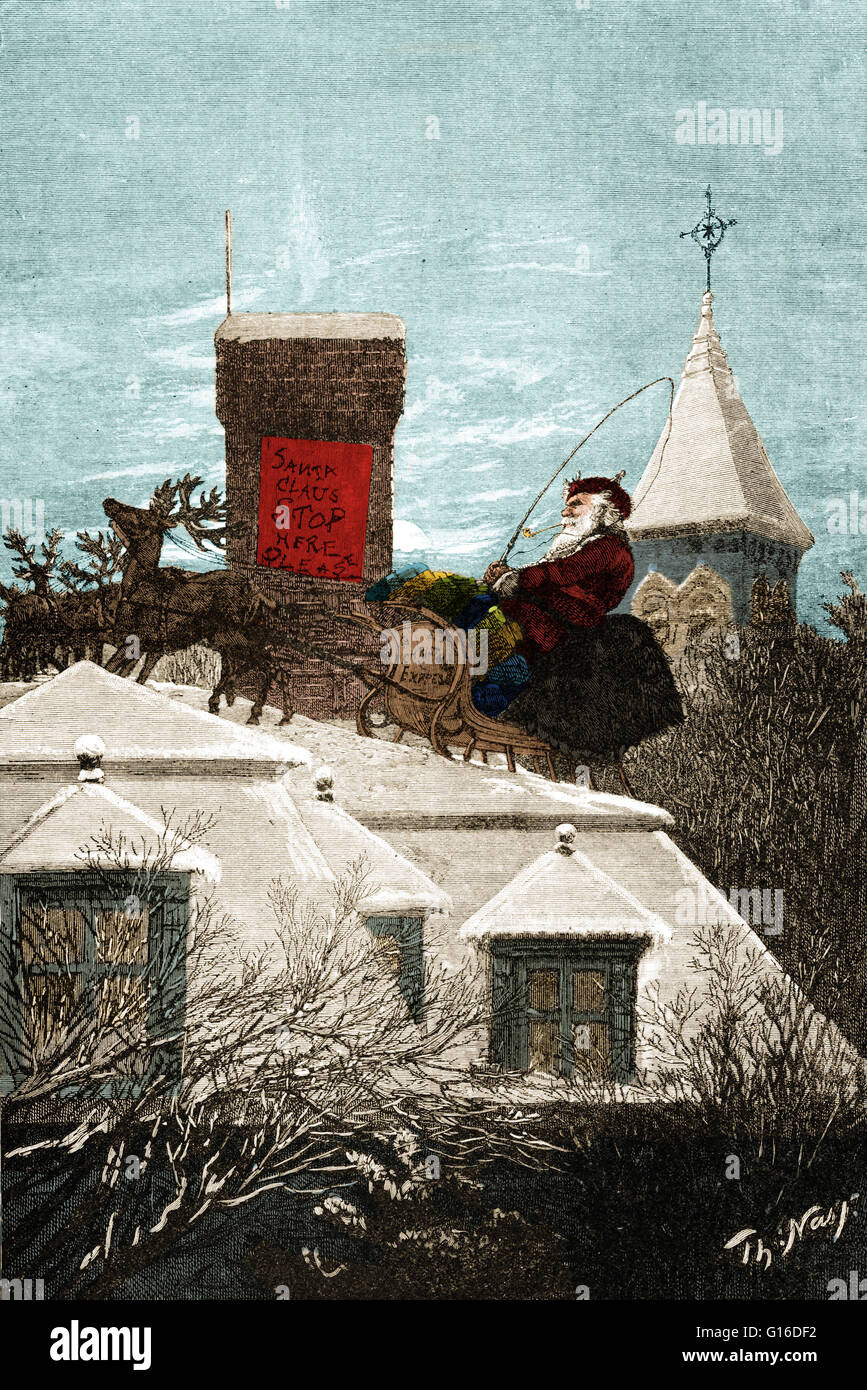 Berechtigt: "Weihnachten-Station" Gravur zeigt Santa in einem Rentieren gezogenen Schlitten auf einem Dach neben einem Kamin mit der Meldung: Santa Claus halten Sie bitte hier. Santa Claus, auch bekannt als Sankt Nikolaus, Weihnachtsmann, Kris Kringle und einfach Santa ist ein Stockfoto