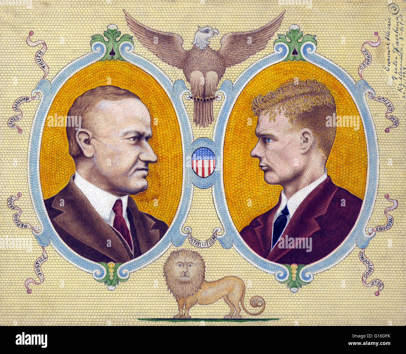 Calvin Coolidge und Charles Lindbergh Emaille Mosaik, von Victor Facchina, 1928. John Calvin Coolidge, Jr. (4. Juli 1872 - 5. Januar 1933) war der 30. Präsident der USA (1923-1929). Eine republikanische Rechtsanwalt aus Vermont, aufgearbeitet Coolidge seinen Weg Stockfoto