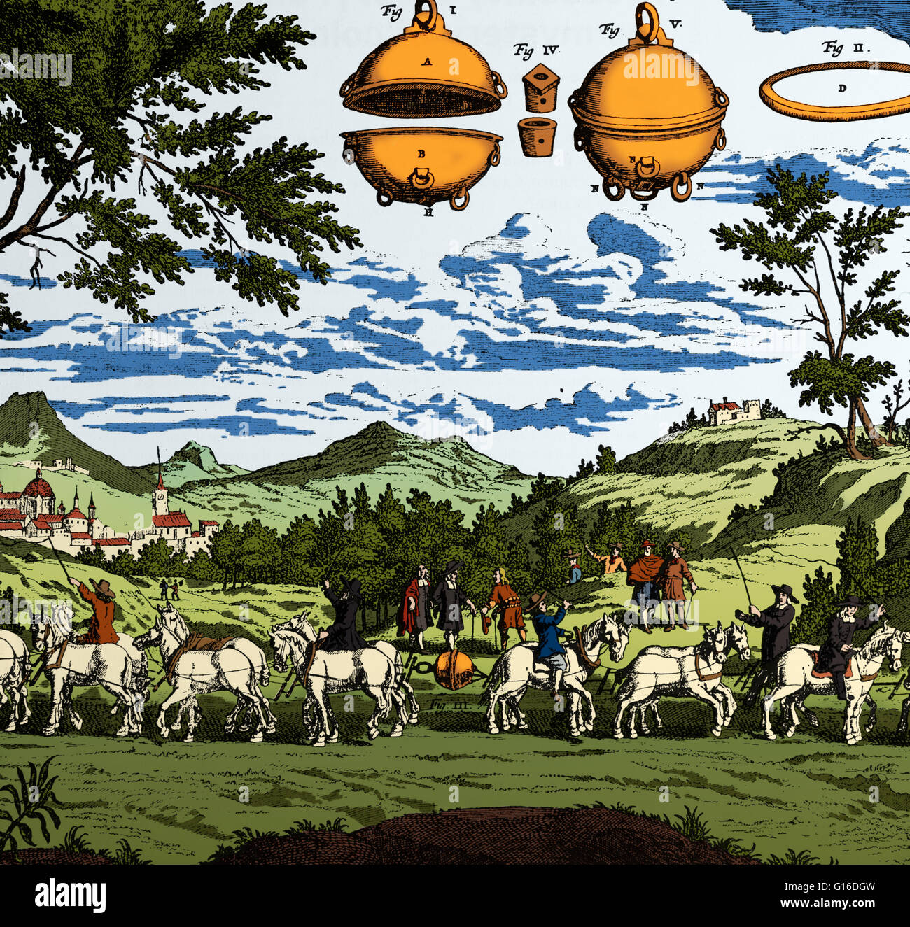 17. Jahrhundert Darstellung der Otto-von-Guericke Magdeburg Hemisphären Experiment, die atmosphärischen Druck unter Beweis gestellt. Das Experiment, so genannt, weil es in Magdeburg, Deutschland, durchgeführt wurde verwendet zwei Messing-Halbkugeln, oben gesehen. Diese waren aroun Stockfoto