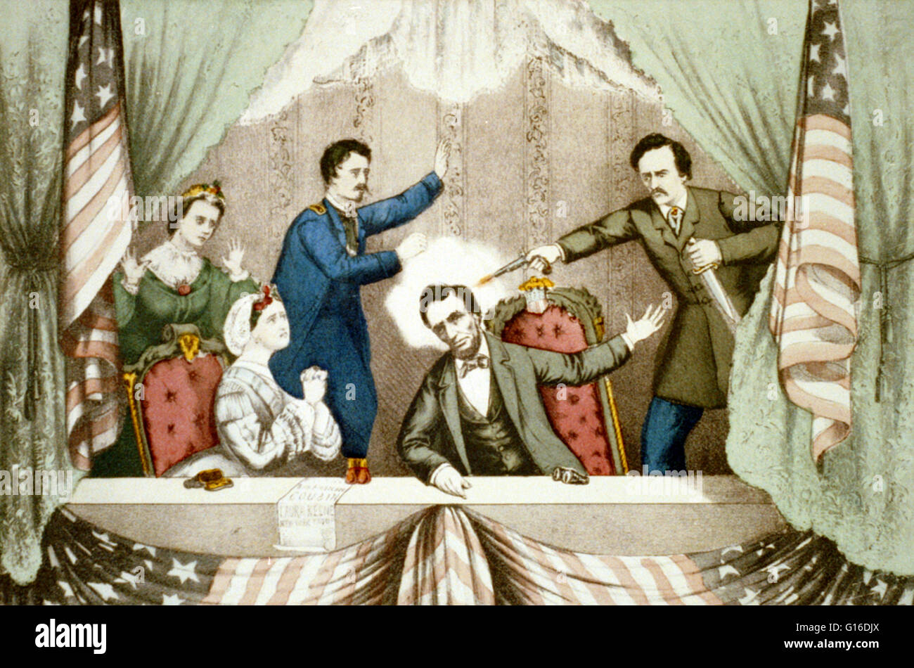Ermordung von Präsident Lincoln: im Ford Theater, Washington, D.C., 14. April 1865. Druck zeigt der Präsident im Ford-Theater mit John Wilkes Booth, auf der rechten Seite, Präsident Lincoln, sitzt auf der Vorderseite der Box schießen; auf die lef Stockfoto