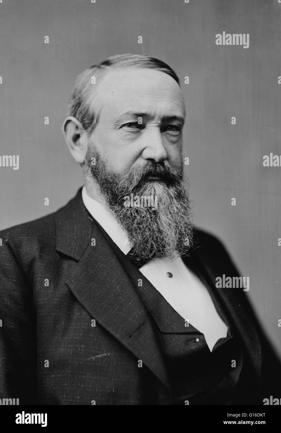 Benjamin Harrison (20. August 1833 - 13. März 1901) war der 23. Präsident der USA (1889-1893). Während des amerikanischen Bürgerkrieges diente er als Brigadegeneral im Korps der Army of the Cumberland XX die Union. Harrison, ein Republikaner, Stockfoto