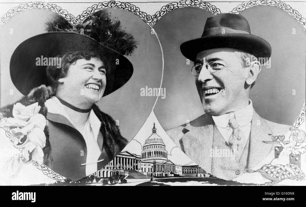 Woodrow Wilson und Edith Bolling Galt Porträts in Form von sich überlappenden Herzen mit rosa Rand geschnitten; Zeichnung von Amor in der unteren rechten Ecke und das Kapitol, die zwischen den Herzen sichtbar ist. Thomas Woodrow Wilson (28. Dezember 1856 - 3. Februar, 19 Stockfoto