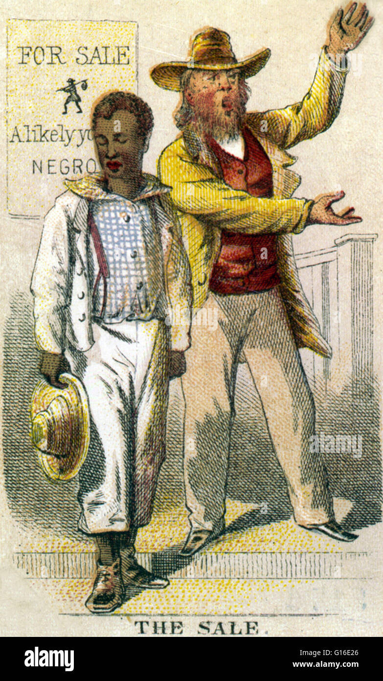 Mit dem Titel: "Sale" zeigt afroamerikanischen Sklaven verkauft werden. Der atlantische Sklavenhandel fand über den Atlantik vom 16. bis zum 19. Jahrhundert. Die Mehrheit der Menschen versklavt, die in die neue Welt transportiert wurden wurden Westafrika Stockfoto