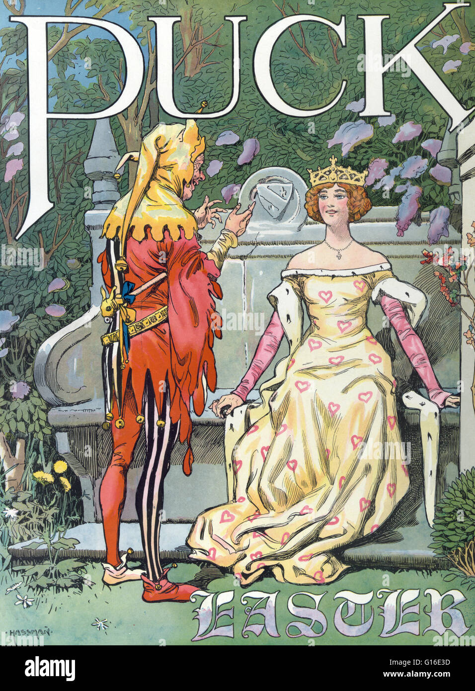 Titel: "Ostern Puck". Farblitho zeigt ein Hofnarr unterhaltsam eine junge Frau trägt eine Krone auf dem Kopf, auf eine große Steinbank sitzend. " Puck war Amerikas erste erfolgreiche Humor-Magazin bunte Cartoons, Karikaturen und politischen sati Stockfoto Titel: "Ostern Puck". Farblitho zeigt ein Hofnarr unterhaltsam eine junge Frau trägt eine Krone auf dem Kopf, auf eine große Steinbank sitzend. " Puck war Amerikas erste erfolgreiche Humor-Magazin bunte Cartoons, Karikaturen und politischen sati Stockfoto