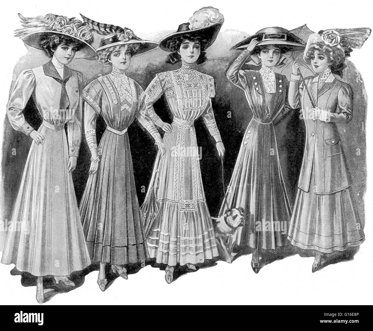 Unter dem Titel: "fertige Damenmode, um 1900." Mode ist eine markante und oft gewöhnlichen Tendenz im Stil, in dem eine Person Kleider. Es ist die vorherrschende Stile in Verhalten und die neuesten Kreationen der Textil-Designer. Vor der Mitte des 19. Jahrhunderts, Stockfoto