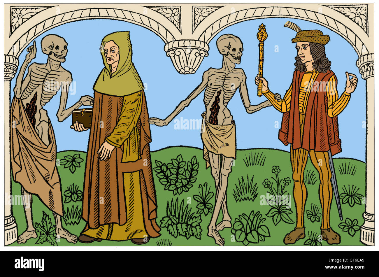 Holzschnitt-Illustration aus Guy Marchants 1485 Ausgabe des Danse Macabre. Tanz des Todes, auch genannt Danza Macabra (Italienisch), Dansul Mortii (Rumänisch), Danza De La Muerte (Spanisch), Dansa De La Mort (Katalanisch), Danse Macabre (Französisch), Danca Macabra (Por Stockfoto