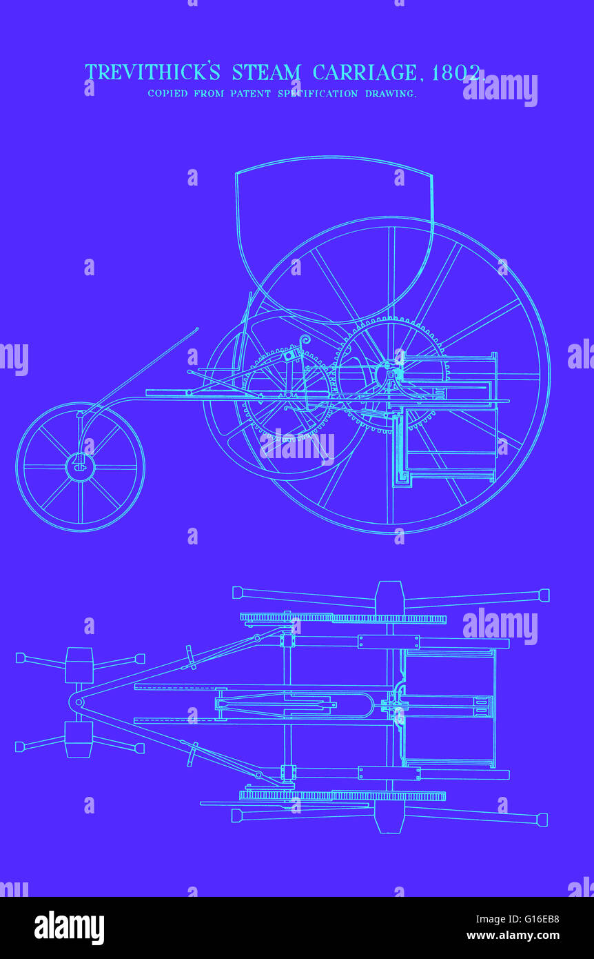 Trevithick Dampfbad Vivians und Beförderung patent, 1802. Im Jahre 1801 Trevithick eine Dampf-Kutsche gemacht, aber es hat nur eine kurze Reise vor Abbau. Im folgenden Jahr patentiert in Verbindung mit seinem Partner Andrew Vivian, er die hohen Pressdruck Stockfoto