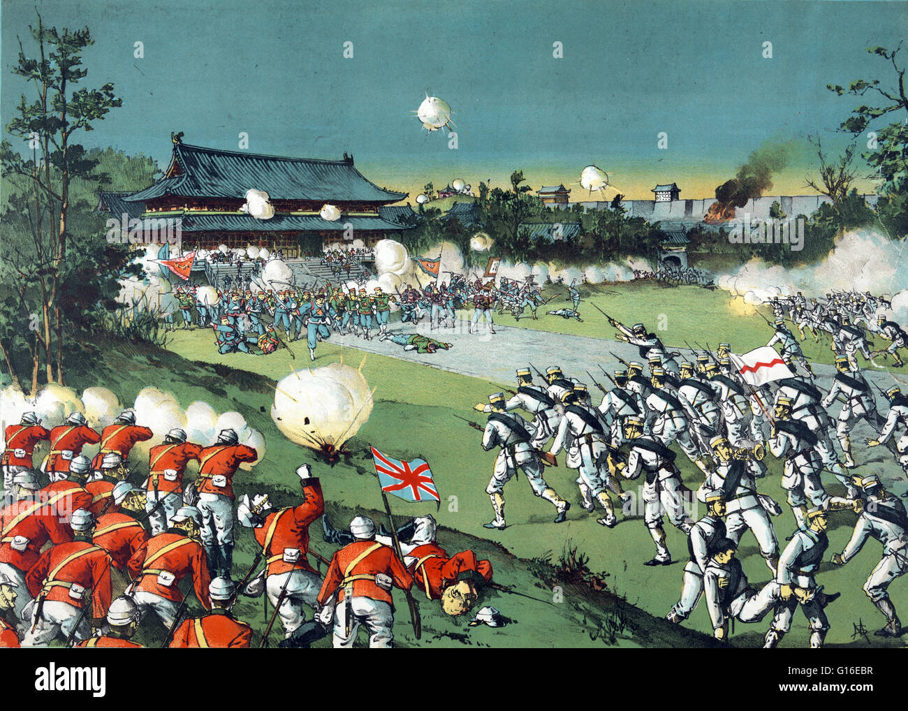 Berechtigt: "der Fall des Schlosses Pekin, der feindlichen Armee geschlagen von der kaiserlichen Burg entfernt von den alliierten Armeen." Zeigt die alliierten Armeen voran in Richtung der Boxer Kräfte außerhalb der Kaiserburg in Peking, China. Im Juni 1900 zwingt Boxer Stockfoto