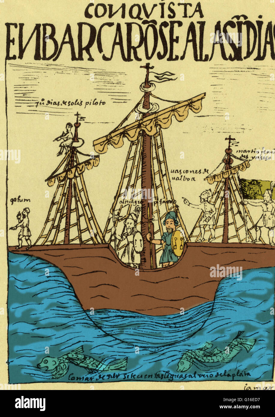 Illustration aus einer frühen 17. Jahrhundert peruanischen Codex Darstellung eine Flotte von Schiffen behelmten von dem spanischen Eroberer Francisco Pizarro. Francisco Pizarro González (c. 1471 oder 1476-26. Juni 1541) war eine spanische Eroberer, die die Inka-Reiches erobert. Stockfoto