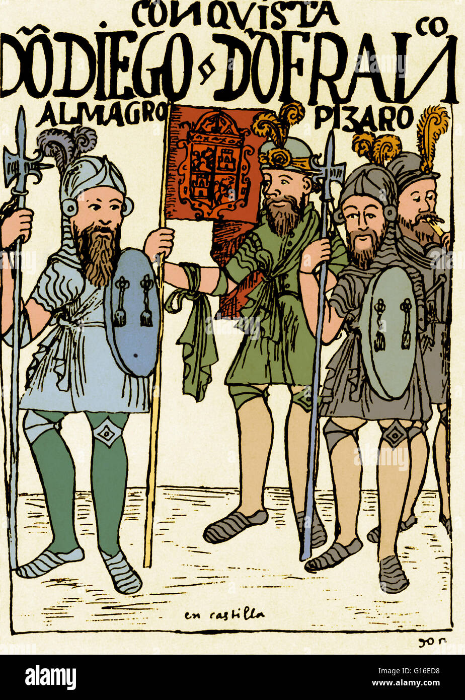 Illustration aus einer frühen 17. Jahrhundert peruanischen Codex Darstellung der spanischen Eroberer, die Francisco Pizarro sammeln für die Reise nach Peru rekrutiert. Francisco Pizarro González (c. 1471 oder 1476-26. Juni 1541) war eine spanische Eroberer, die die In erobert Stockfoto