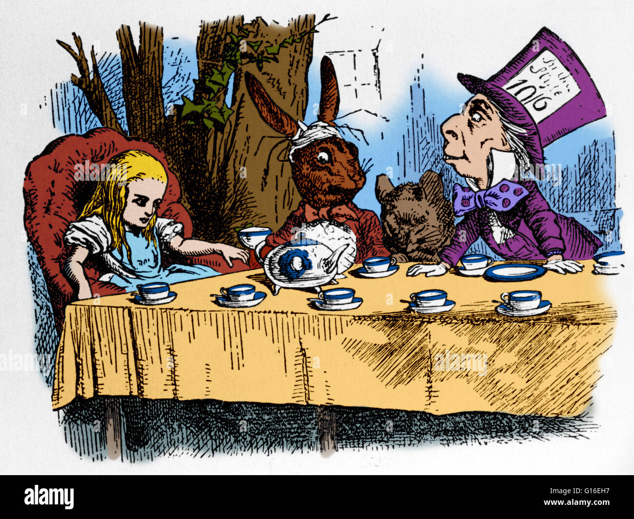 Der Mad Hatter Tea Party, eine Szene aus Carrolls Alice im Wunderland, illustriert von Sir John Tenniel. Dieses Bild wurde Farbe verbessert. Stockfoto