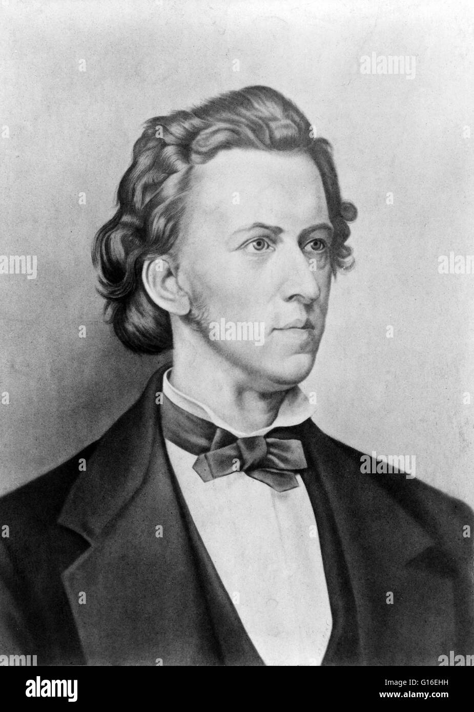 Frédéric François Chopin (1. März 1810 - 17. Oktober 1849) war ein polnischer Komponist und Klaviervirtuose. Er ist weithin als eines der größten romantischen Komponisten. Ein renommierter Wunderkind Pianist und Komponist verließ er Polen Hut dem 20. Lebensjahr, kurz Stockfoto