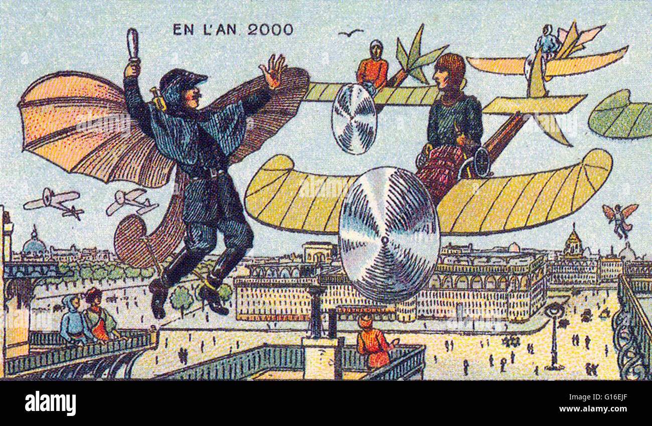 Frankreich im Jahr 2000 (XXI Jahrhundert) veröffentlichte eine Reihe von futuristischen Bilder von Jean-Marc Côté und anderen Künstlern in Frankreich im Jahre 1899, 1900, 1901 und 1910. Ursprünglich in Form von Papierkarten eingeschlossen in Zigarette/Zigarrenkisten und, später, als Postkarten die Stockfoto
