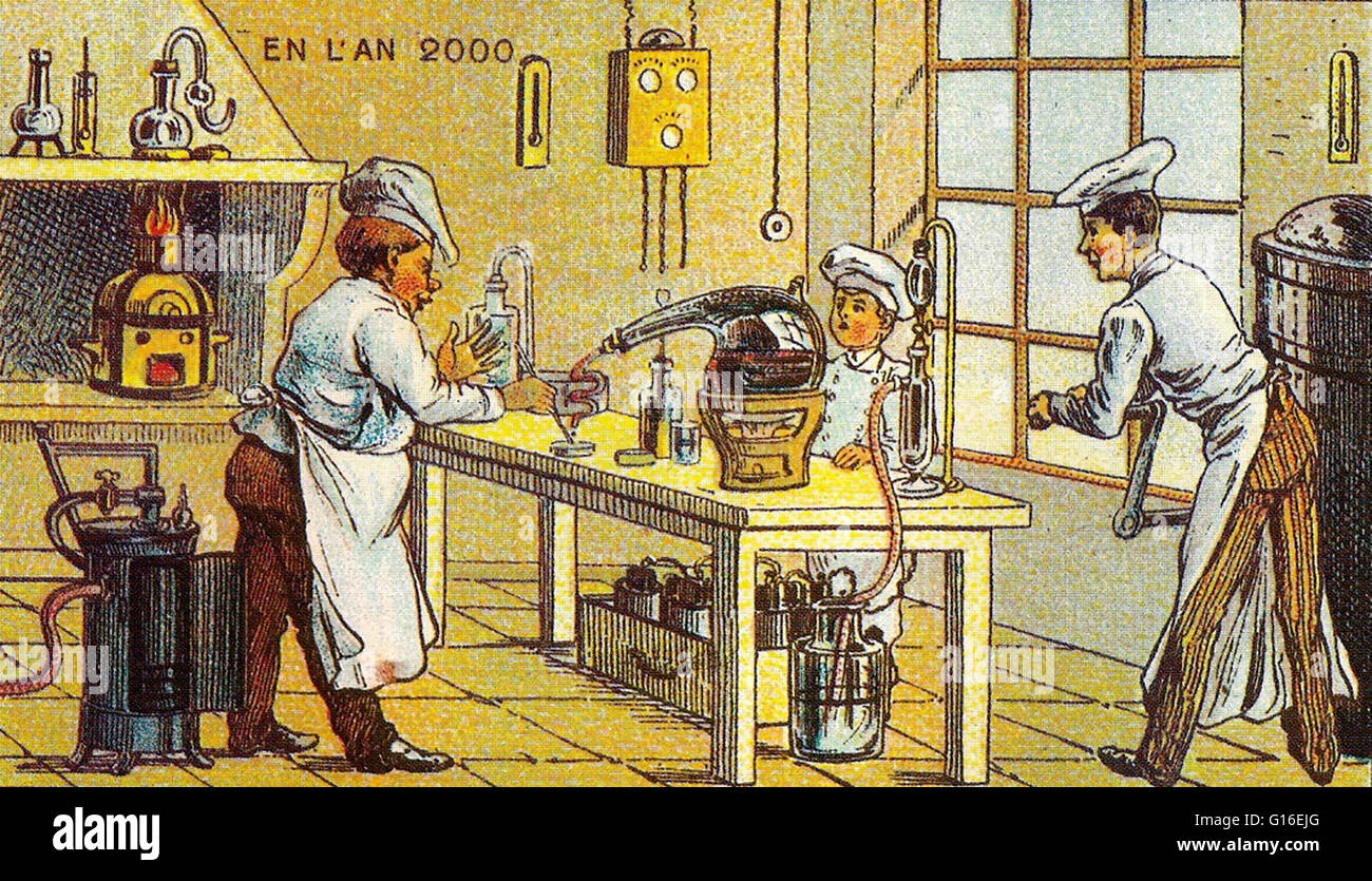 Frankreich im Jahr 2000 (XXI Jahrhundert) veröffentlichte eine Reihe von futuristischen Bilder von Jean-Marc Côté und anderen Künstlern in Frankreich im Jahre 1899, 1900, 1901 und 1910. Ursprünglich in Form von Papierkarten eingeschlossen in Zigarette/Zigarrenkisten und, später, als Postkarten die Stockfoto