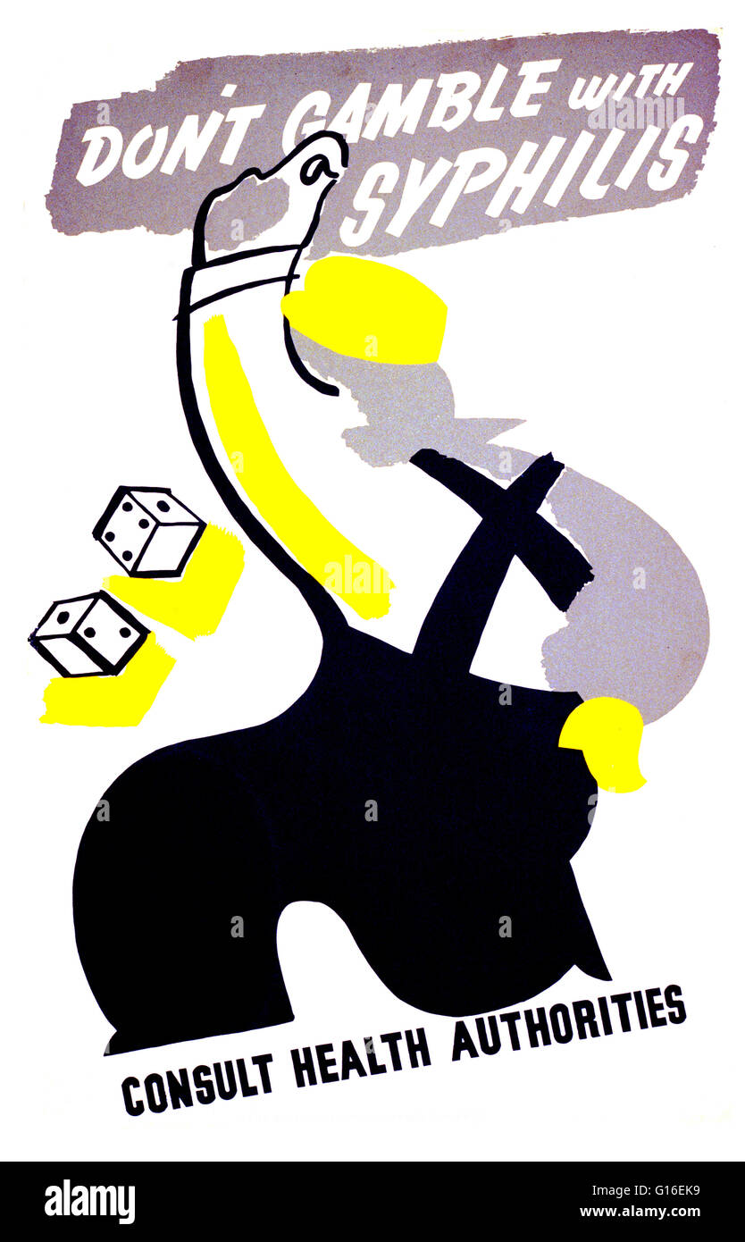 Unter dem Titel: "spielen Sie nicht mit Syphilis. Beraten Sie Gesundheitsbehörden. Plakat zeigt einen Mann, die Würfel zu Rollen. Die Federal Art Project (FAP) wurde die bildende Kunst Arm von der großen Depression Ära New Deal Works Progress Verwaltung Bundesrepublik Projekt Nummer eins prog Stockfoto