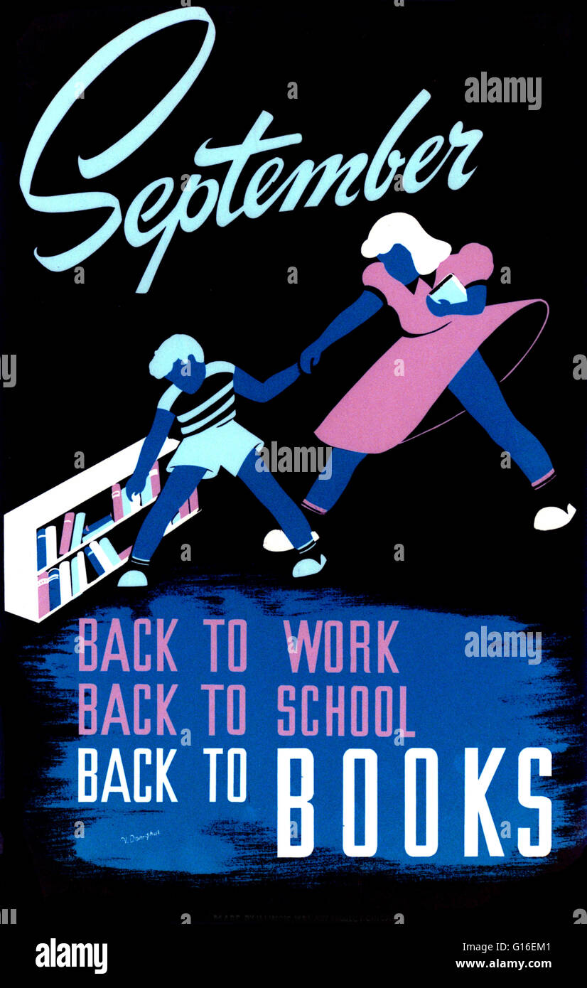 Unter dem Titel: "September. Zurück um zu Arbeit - wieder zur Schule zurück zu Bücher. Plakat, Förderung der Lese- und Bibliothek verwenden, zeigen Kinder in der Nähe von Bücherregalen. Die Federal Art Project (FAP) wurde die bildende Kunst-Arm der großen Depression-Ära New Deal Works Progress Adm Stockfoto