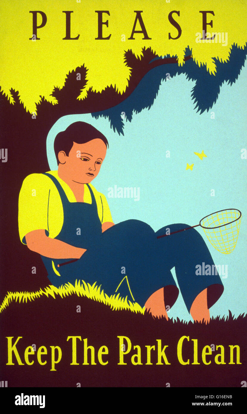 Berechtigt: 'Bitte haltet den Park sauber'. Plakat, die Förderung der Erhaltung eines natürlichen Ressource-Bereich, zeigt einen jungen mit einem Schmetterlingsnetz, gegen einen Baum sitzen. Der große Tiefstand-Ära New Deal Works Progress Verwaltung Bundesrepublik Projekt Nummer eins p Stockfoto