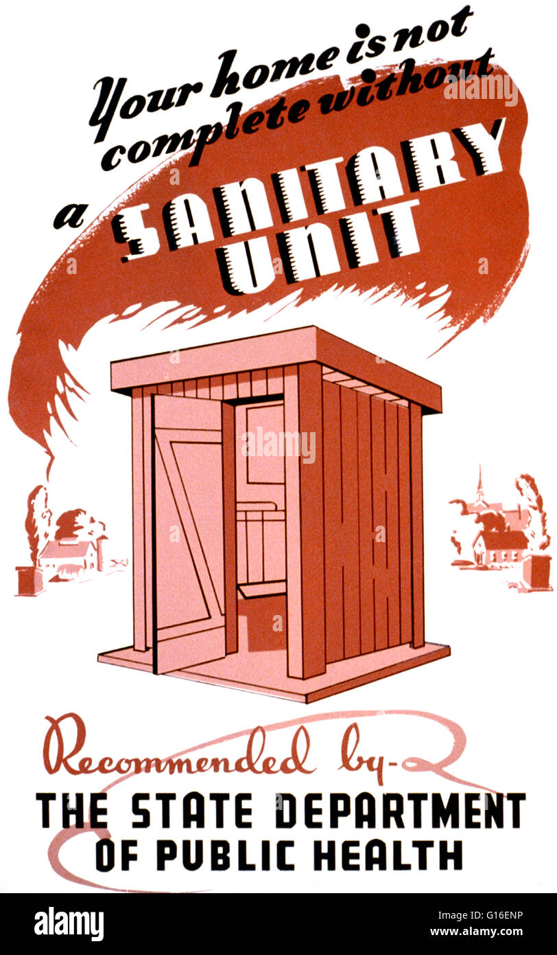 Unter dem Titel: "Ihr Zuhause ist nicht komplett ohne eine Sanitärzelle, empfohlen vom State Department of Public Health". Plakat zeigt ein Plumpsklo inmitten der malerischen Kleinstadt. Die Federal Art Project (FAP) wurde die bildende Kunst-Arm des großen Depressionen Stockfoto
