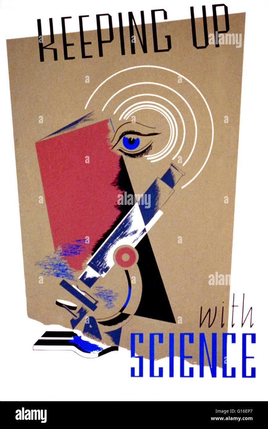 Titel: "Keeping up with Science". Plakat, die Förderung des Studiums der Wissenschaft, zeigt ein Mikroskop öffnen Sie Buch und ein Auge. Die Federal Art Project (FAP) wurde die bildende Kunst-Arm der großen Depression-Ära New Deal Works Progress Verwaltung Bundesrepublik Proje Stockfoto