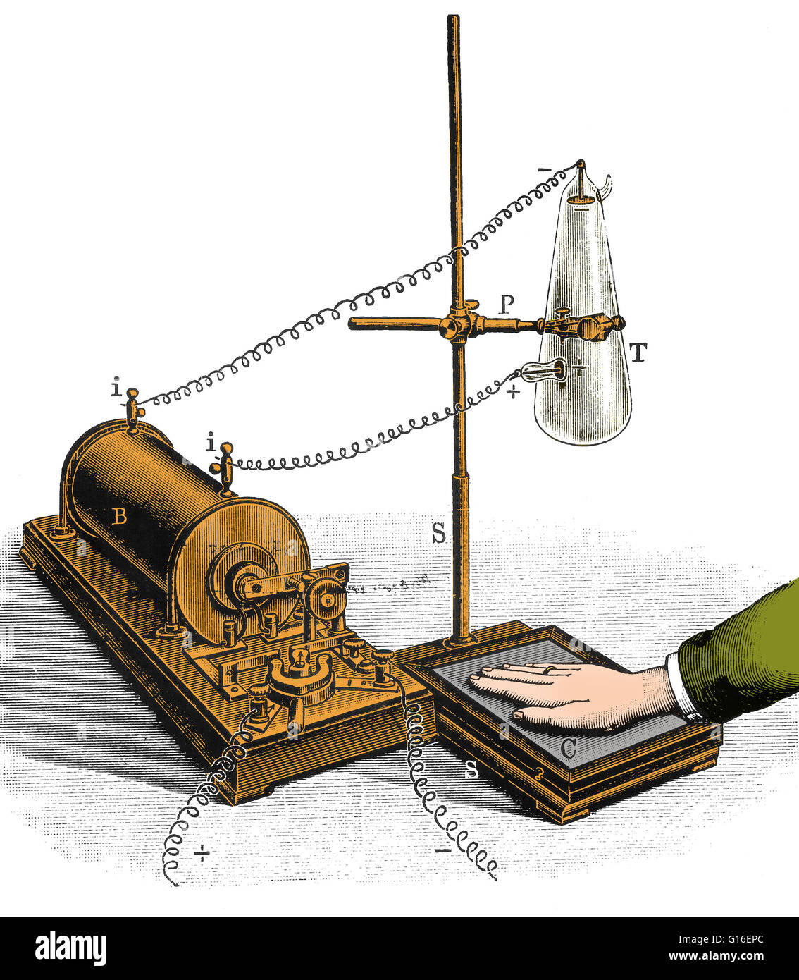 Wilhelm Conrad Röntgen (1845-1923), deutscher Experimentalphysiker und Entdecker der Röntgenstrahlen. Bei der Verwendung einer Entladungsröhre (in dem eine elektrische Entladung durch ein Gas mit niedrigem Druck übergeben wird) in einem abgedunkelten Raum, festgestellt Röntgen, dass eine Karte mit beschichtet Stockfoto