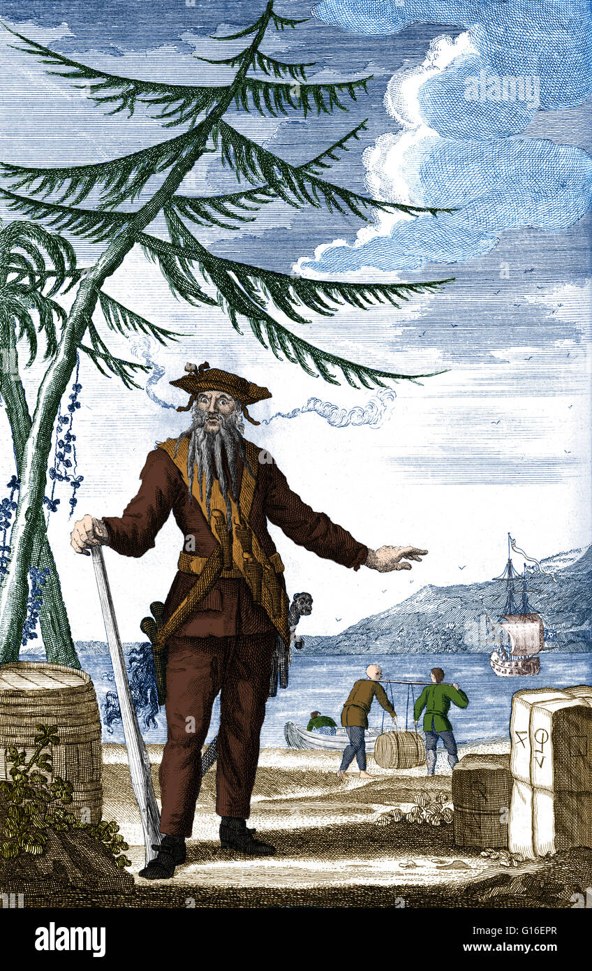 Farbe verstärkt Gravieren von Blackbeard aus "A General History of die Raubüberfälle" und Morde der berüchtigtsten Piraten, 1736-Ausgabe. Edward Teach (1680 - 22. November 1718), besser bekannt als Blackbeard, war einen berüchtigten englischen Piraten, der Arou betrieben Stockfoto