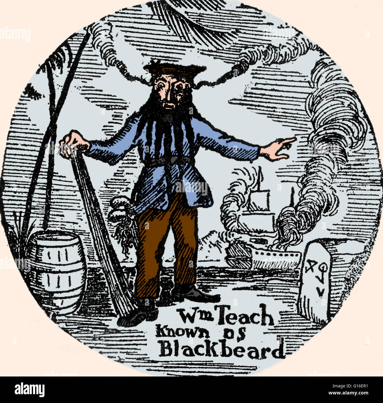 Verbesserte Porträtzeichnung von Edward Teach (1680 - 22. November 1718), besser bekannt als Blackbeard, einem berüchtigten englischen Piraten Farbe. Blackbeard betrieben um die Westindischen Inseln und der Ostküste der amerikanischen Kolonien. Er war ein Seemann auf Freibeuter-shi Stockfoto