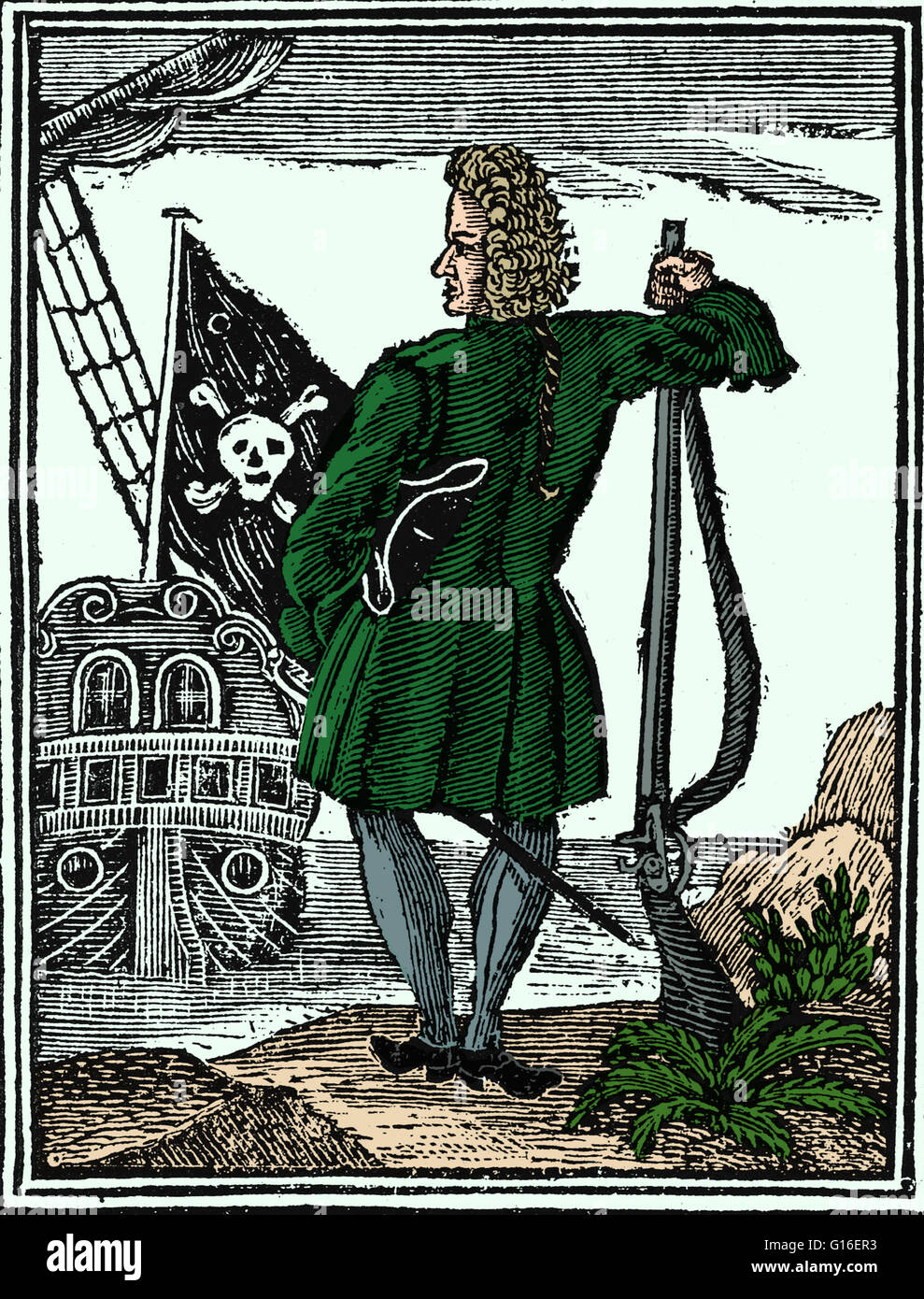 Eingefärbte Gravur der Stede Bonnet aus "A General History of die Raubüberfälle" und Morde der berüchtigtsten Piraten, 1725-Ausgabe. STEDE Bonnet (1688 - Dezember 10,1718) war ein englischer Pirat in Barbados geboren. Er erhielt den Spitznamen "der Gentleman-Pirat", Stockfoto