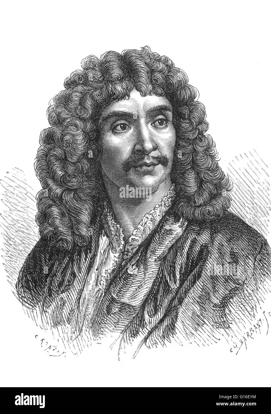 Jean-Baptiste Poquelin, bekannt unter seinem Künstlernamen Molière (Januar Februar 15,1622 - 17,1673) war ein französischer Dramatiker und Schauspieler, der als einer der größten Meister der Komödie in der westlichen Literatur gilt. Geboren in eine wohlhabende Familie und mit st Stockfoto