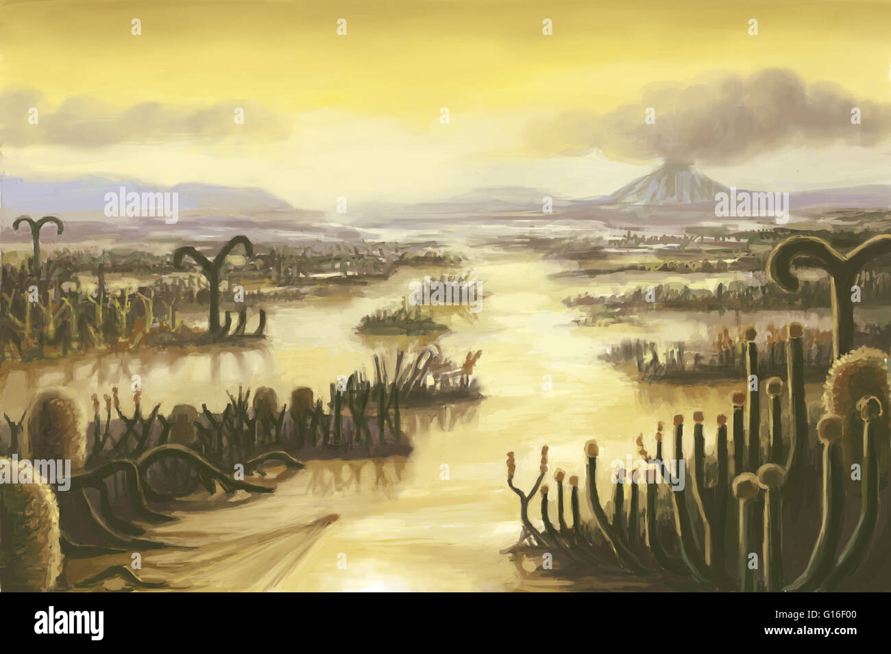 Devon Periode Landschaft, zwischen 418 und 362 Millionen Jahren und die vierte Periode des paläozoischen Zeitalters. Devon ist bekannt für seine gepanzerten Fische, Brachiopoden, Seelilien und Ammoniten. Die Pflanzen auf dem Land sind Asterophyllites, ähnlich wie bei modernen Stockfoto