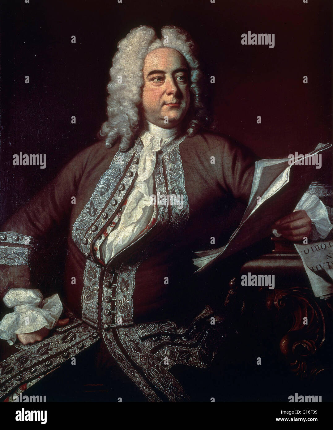 Händel-Porträt von Gemälde von T. Hudson, 1749. George Frideric Handel (5. März 1685 - 14. April 1759) war ein deutsch-britischer Barock-Komponist, berühmt für seine Opern, Oratorien, Hymnen und Orgelkonzerte. Wichtige musikalische Ausbildung erhielt er in Halle, H Stockfoto