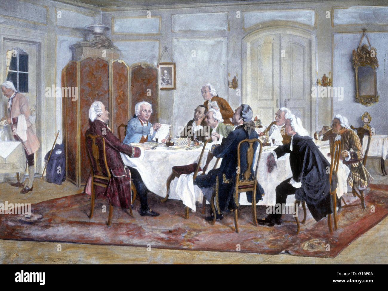 "Kant und seine Kameraden am Tisch" Emil Doerstling, 1900. Immanuel Kant (22. April 1724 - 12. Februar 1804) war ein deutscher Philosoph, forschte, lehrte und schrieb über Philosophie und Anthropologie im Zeitalter der Aufklärung am Ende des 18. Jahrhun Stockfoto