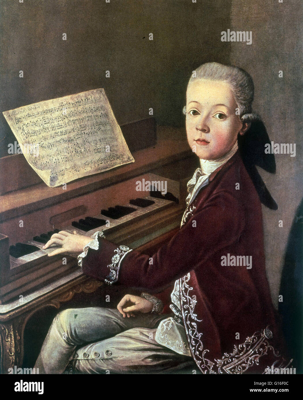 "Mozart auf dem Spinett" zugeschrieben Thaddeus Helbing, 1766-67. Wolfgang Amadeus Mozart (27. Januar 1756 - 5. Dezember 1791) war eine produktivsten und einflussreichsten Komponisten der Klassik. Er komponierte mehr als 600 Werke, anerkannt viele als Zinnen der symph Stockfoto