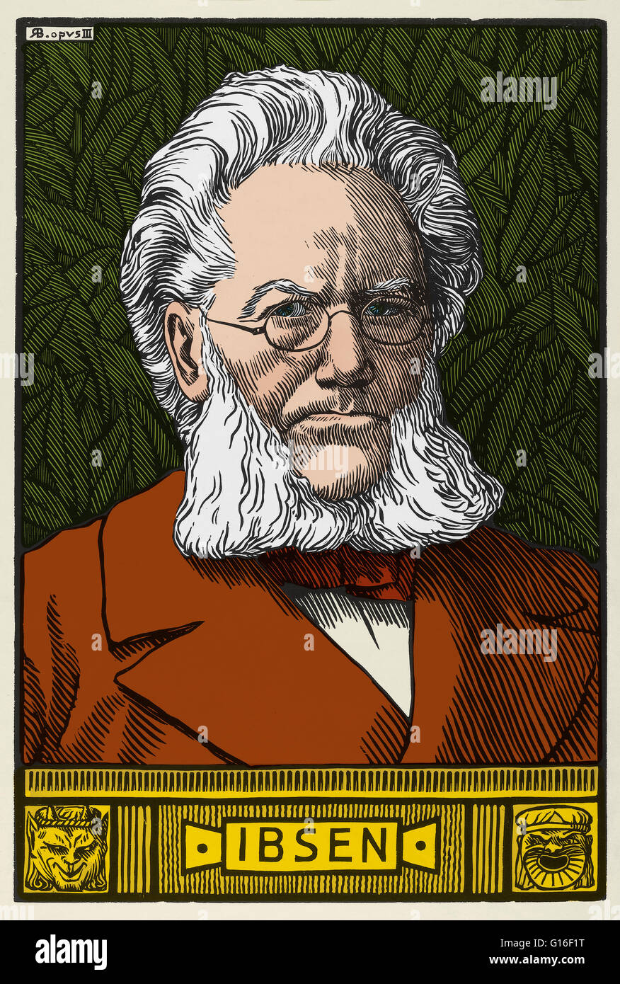 Porträt von Henrik Ibsen, ab 1899, des schottischen Künstlers Robert Bryden (1865-1939). Ibsen wurde eine große aus dem 19. Jahrhundert norwegischer Dramatiker, Theaterregisseur und Dichter. Er wird oft als "Vater des Realismus" bezeichnet und ist einer der Mitbegründer der moderne Stockfoto