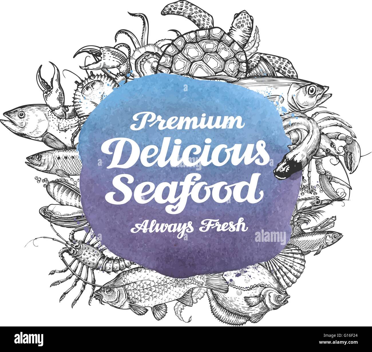 Fisch und Meeresfrüchte. Hand gezeichnete Skizze von Lebensmitteln. Vektor-illustration Stock Vektor