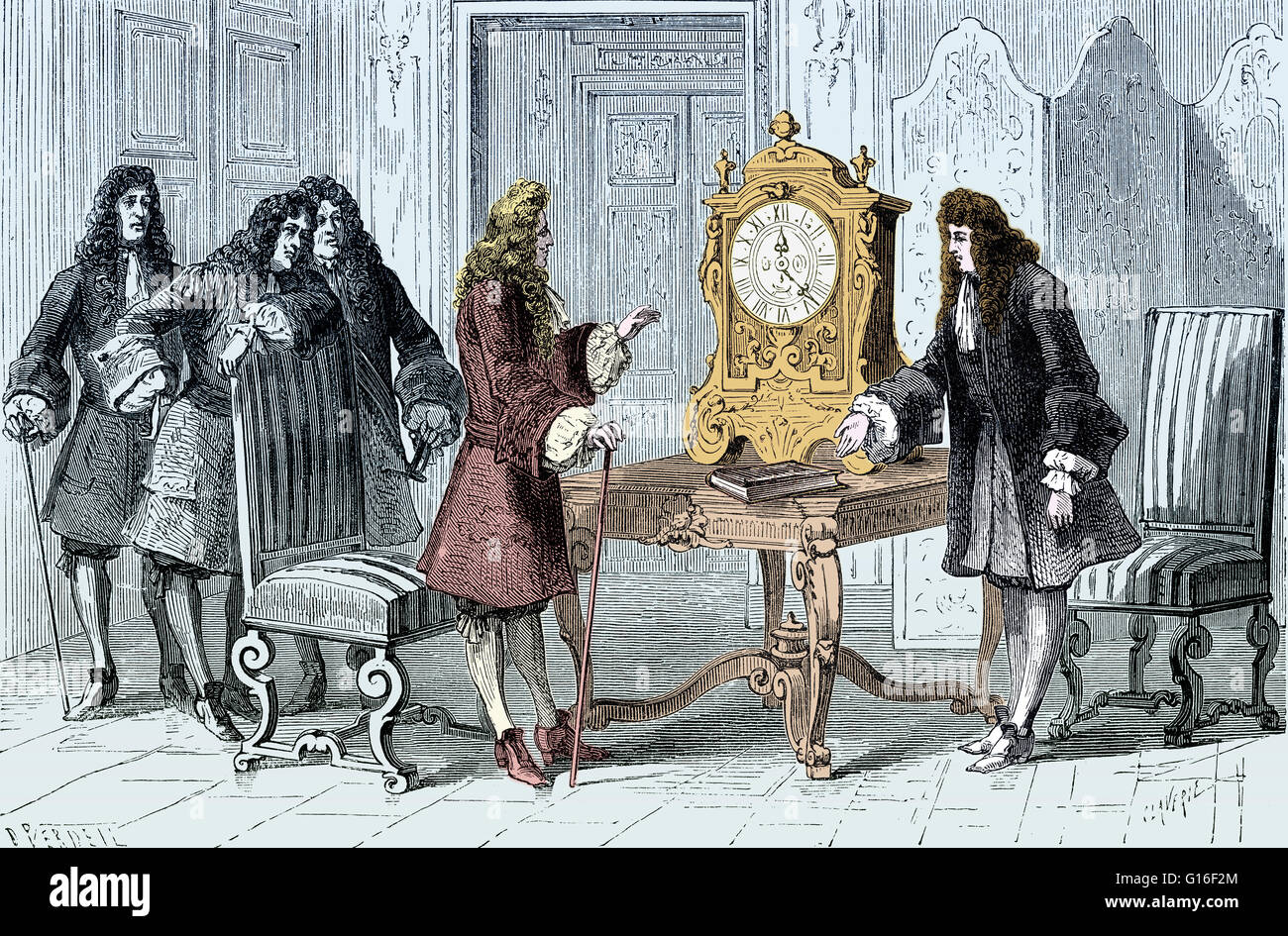 Huygens präsentiert seine Pendeluhr Louis XIV. Christiaan Huygens (14. April 1629 - 8. Juli 1695) war ein prominenter niederländischer Mathematiker, Astronom, Physiker, Probabilist, Uhrmacherei und Wissenschaftler. Huygens ist vor allem für seine Wellentheorie der Erinnerung. Stockfoto