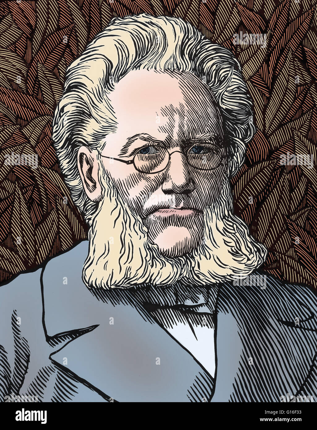Porträt von Henrik Ibsen, ab 1899, des schottischen Künstlers Robert Bryden (1865-1939). Ibsen wurde eine große aus dem 19. Jahrhundert norwegischer Dramatiker, Theaterregisseur und Dichter. Er wird häufig als der Vater des Realismus bezeichnet und ist eines der Gründungsmitglieder der Moderne in Stockfoto