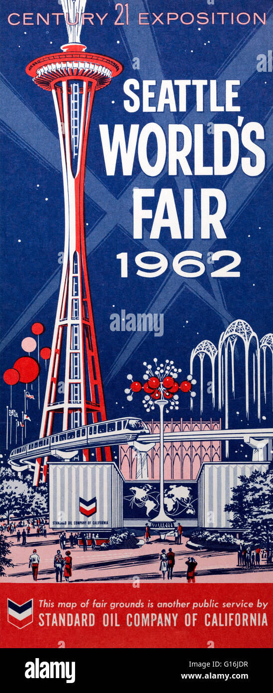 1962-Abbildung von Seattle der Weltausstellung auf dem Cover der Standard Oil of California Messegelände Karte Stockfoto