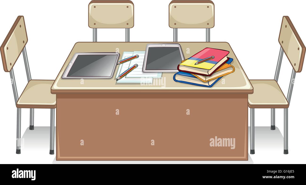 Stühle und Tisch voller Bücher Abbildung Stock Vektor