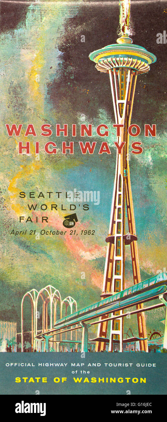 1962 Illustration der Seattle World's Fair auf dem Cover einer State of Washington Highway Karte und Reiseführer Stockfoto