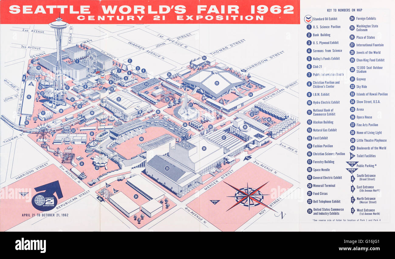 Architektonische Lageplan von 1962 Seattle Weltausstellung in eine touristische Broschüre Stockfoto