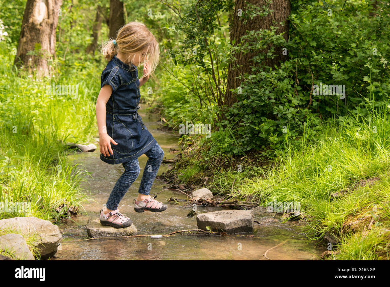 Niedliche kleine Mädchen, die Spaß an einem Fluss an warmen und sonnigen Sommertag Stockfoto