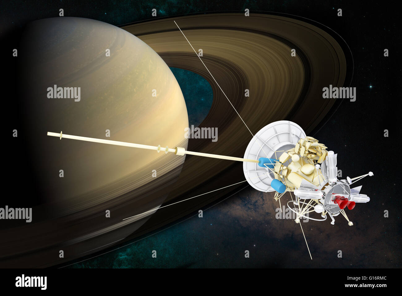 Künstler-Konzept von Raumfahrzeugen bei Saturn - Rendern 3D-Karten mit freundlicher Genehmigung von Nasa am http://earthobservatory.nasa.gov/IOTD/view.php?id=8 Stockfoto