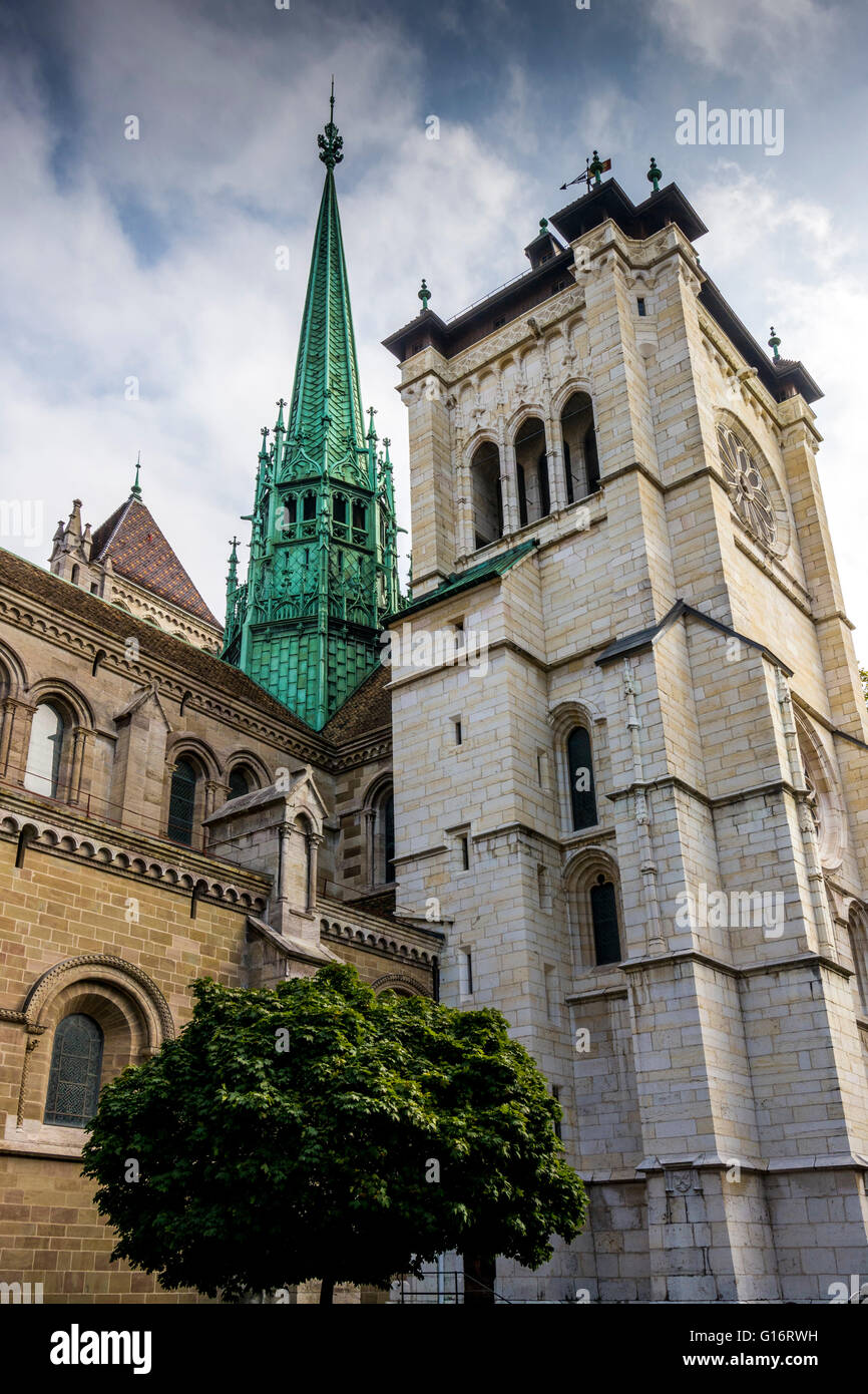 Die architektonische Schönheit der Kathedrale Saint-Pierre in Genf, Schweiz Stockfoto