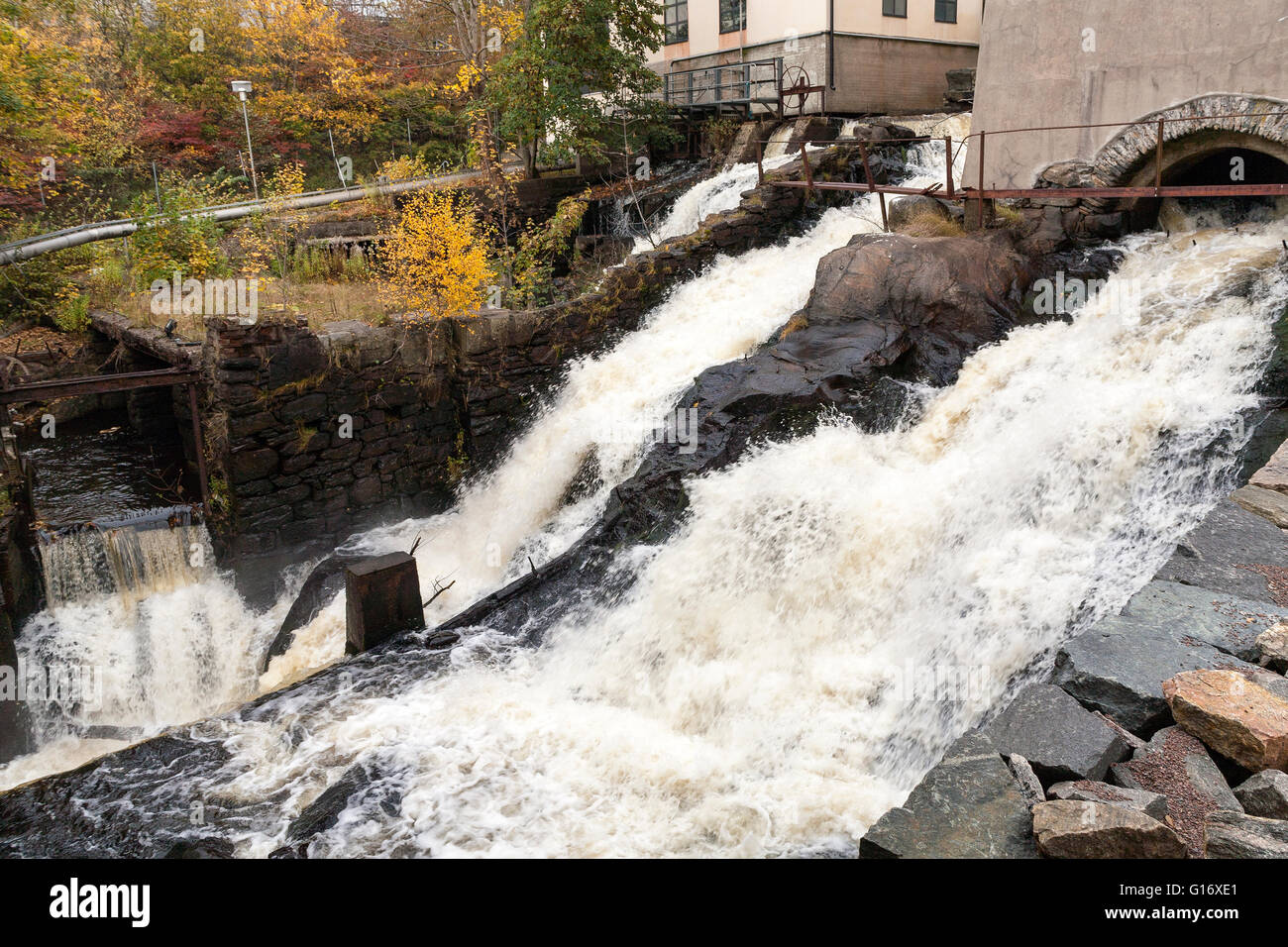 Kvarnfallen Wasserfälle in Kvarnby, Mölndal, Schweden Model Release: Nein Property Release: Nein Stockfoto