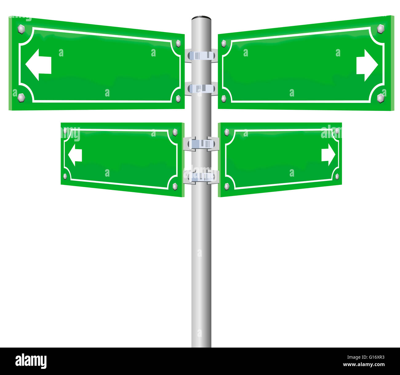 Straßenname unterzeichnet - vier blank, glänzende grüne, Metall Tafeln, die in vier verschiedene Richtungen. Stockfoto