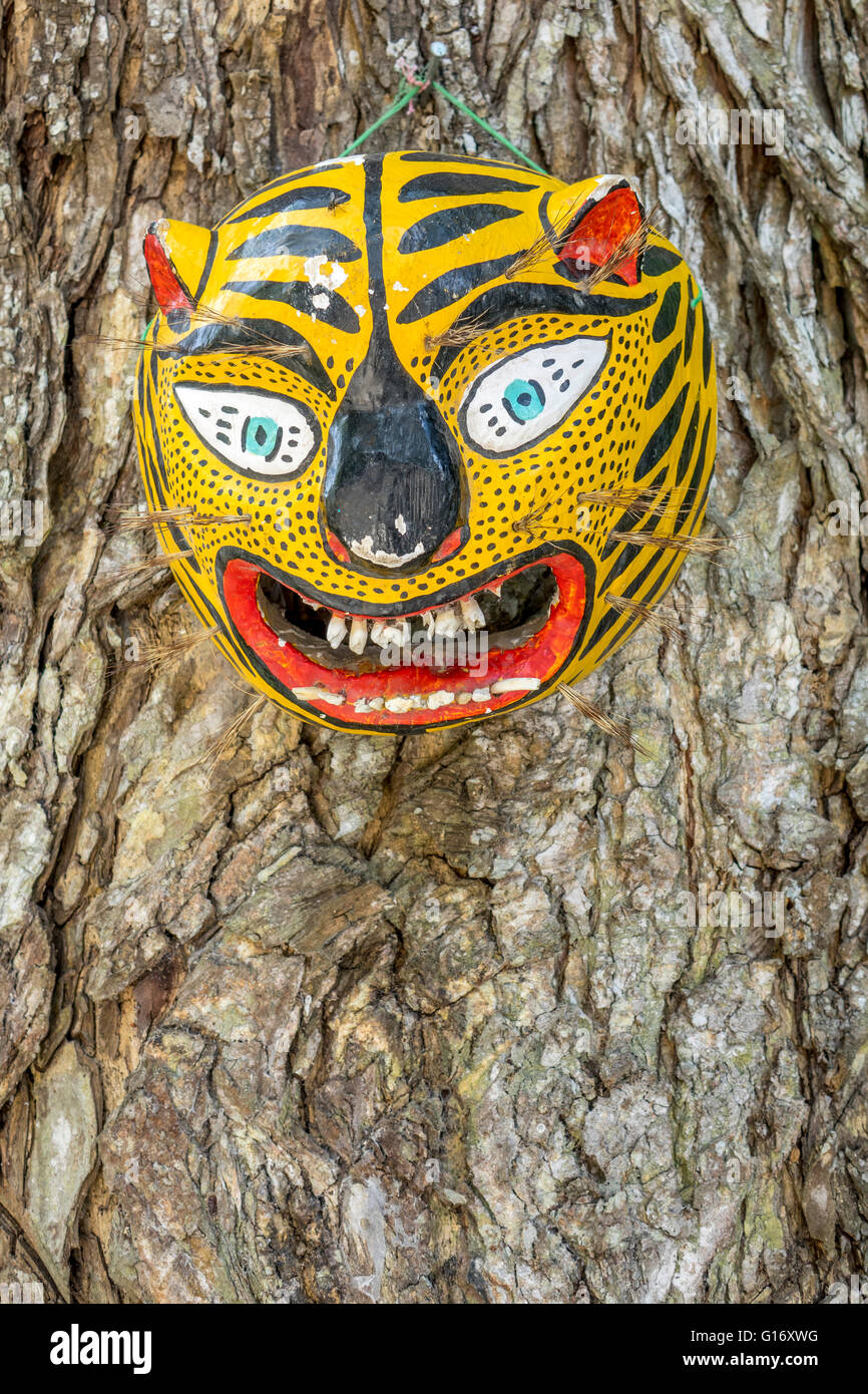 Mexikanische Kunst Flok Jaguar Maske hängt an einem Baum In Quintana Roo, Mexiko, Maske dienen In traditionellem Tanz und Trauerfeier Stockfoto